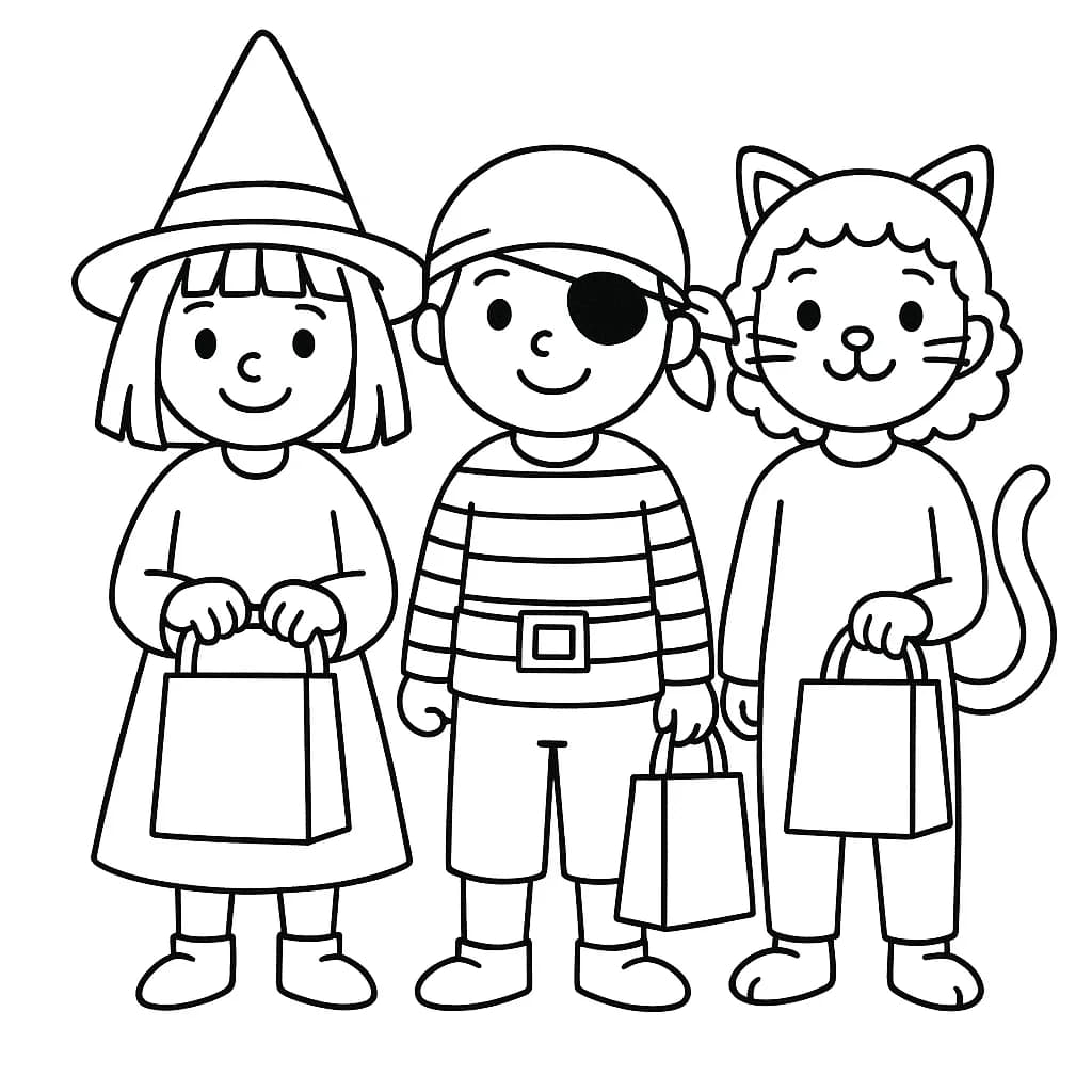 Simple line art of three children in Halloween costumes holding treat bags.
