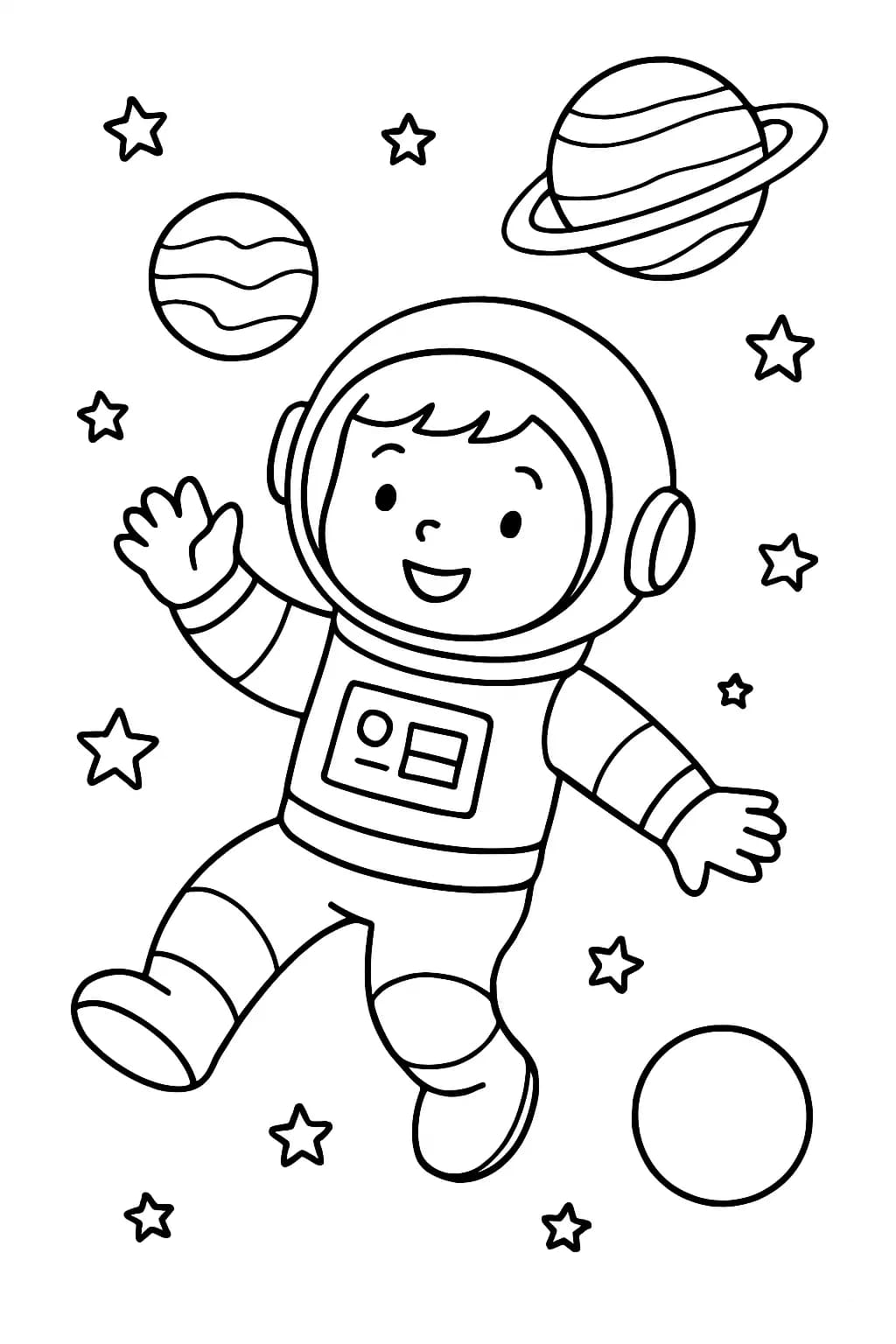 Easy coloring page of a smiling astronaut and planets for children.