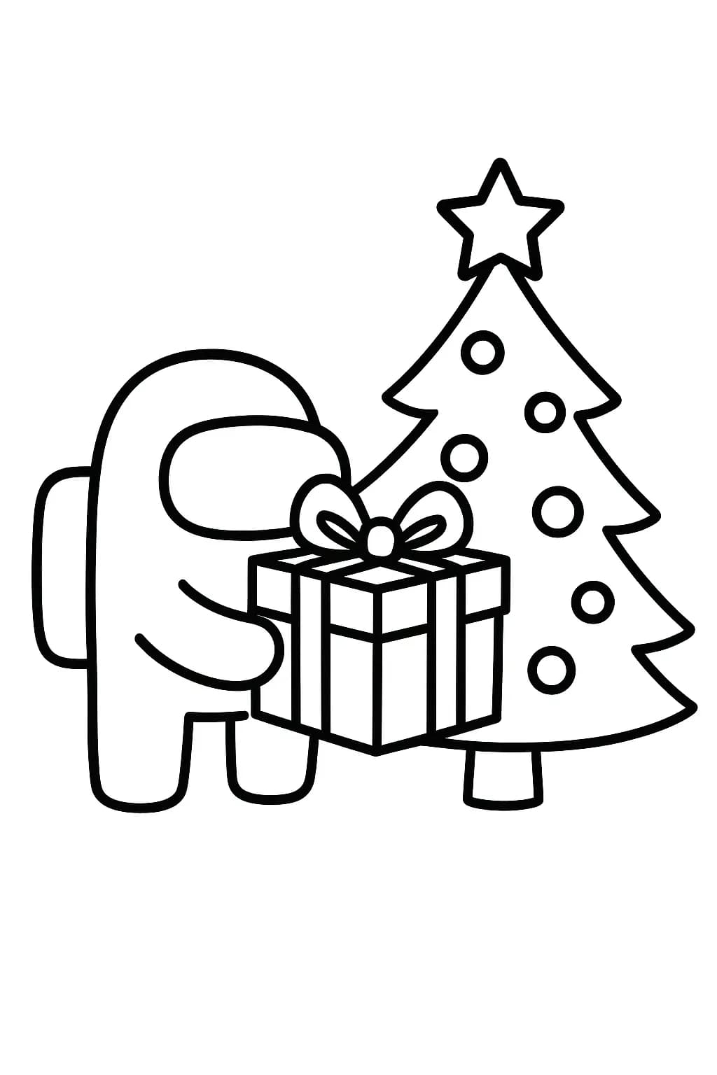 Simple Among Us crewmate holding a present next to a Christmas tree, easy outlines for preschool coloring