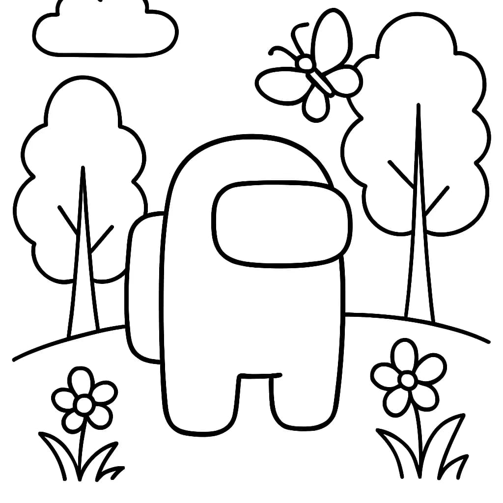 Among Us crewmate outside with trees, a flower, and a butterfly, easy line art coloring page