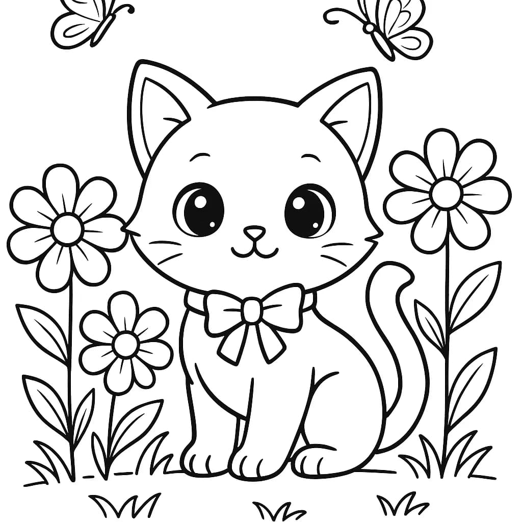 Anime-style cat sitting in a garden surrounded by flowers and butterflies, with simple outlines