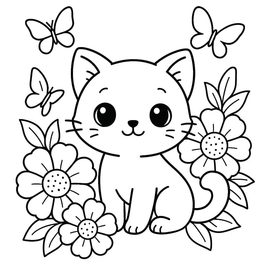Easy outline of an anime cat sitting among big flowers and butterflies in a garden, designed for preschoolers.
