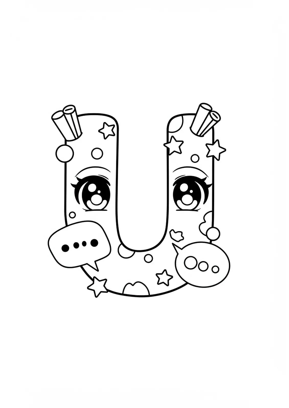 Letter U with anime-style eyes, stars, and speech bubbles, simple and easy to color.
