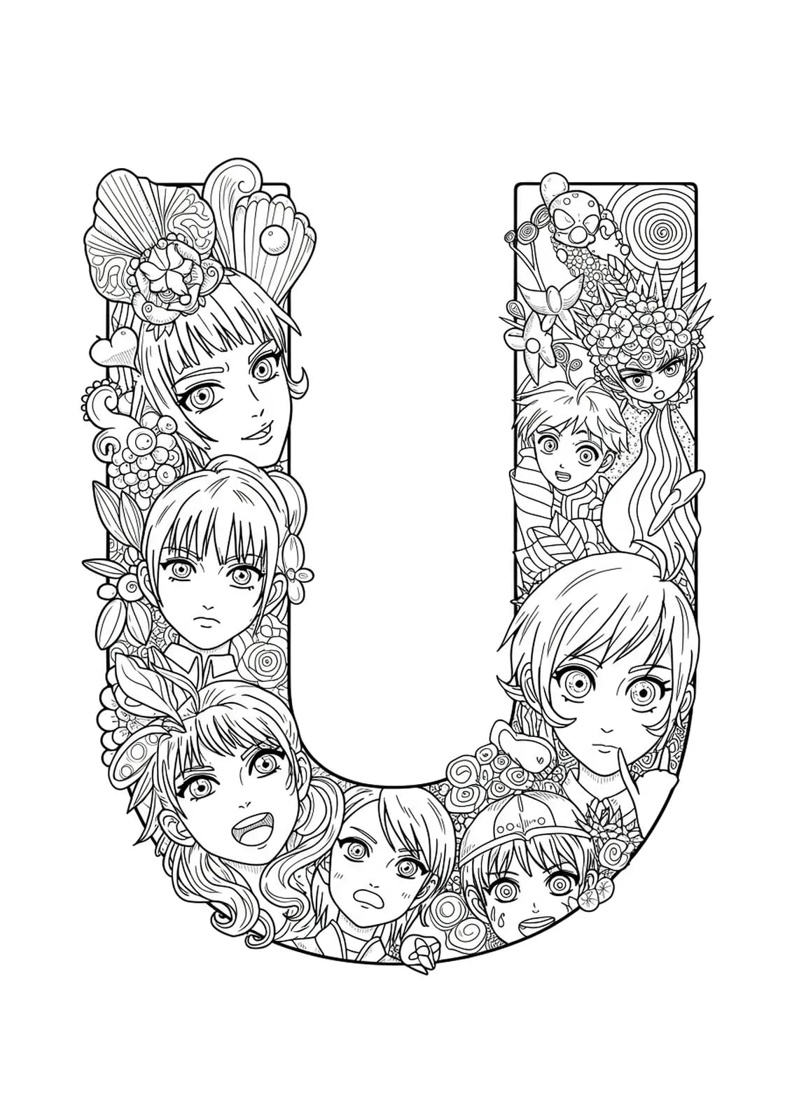 Letter U integrated with anime-style eyes, hair, expressive faces, and complex manga effects for teens to color.