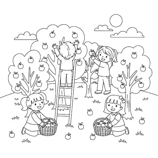 Children picking apples in a tree orchard with baskets and falling leaves