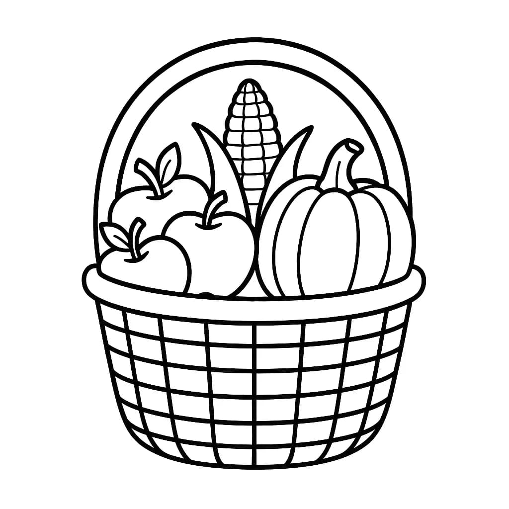 Harvest basket filled with apples, corn, and pumpkins, simple design