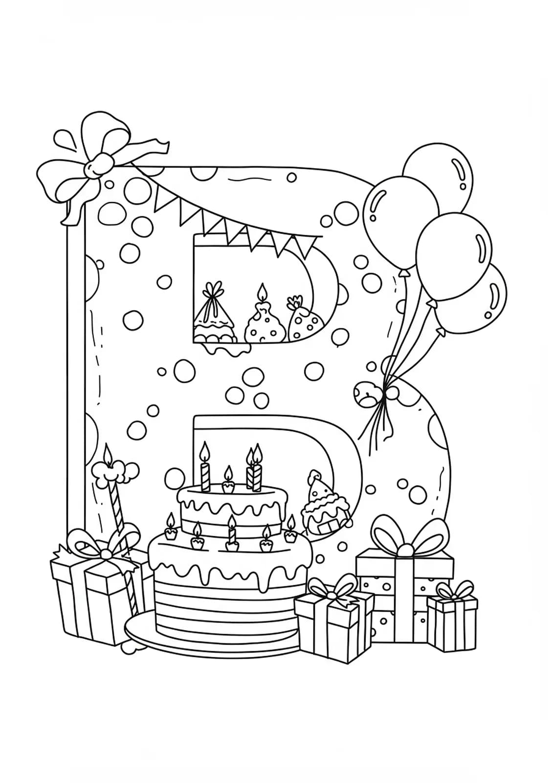 Letter B with birthday cake, balloons, and presents, medium complexity coloring page for preschool.