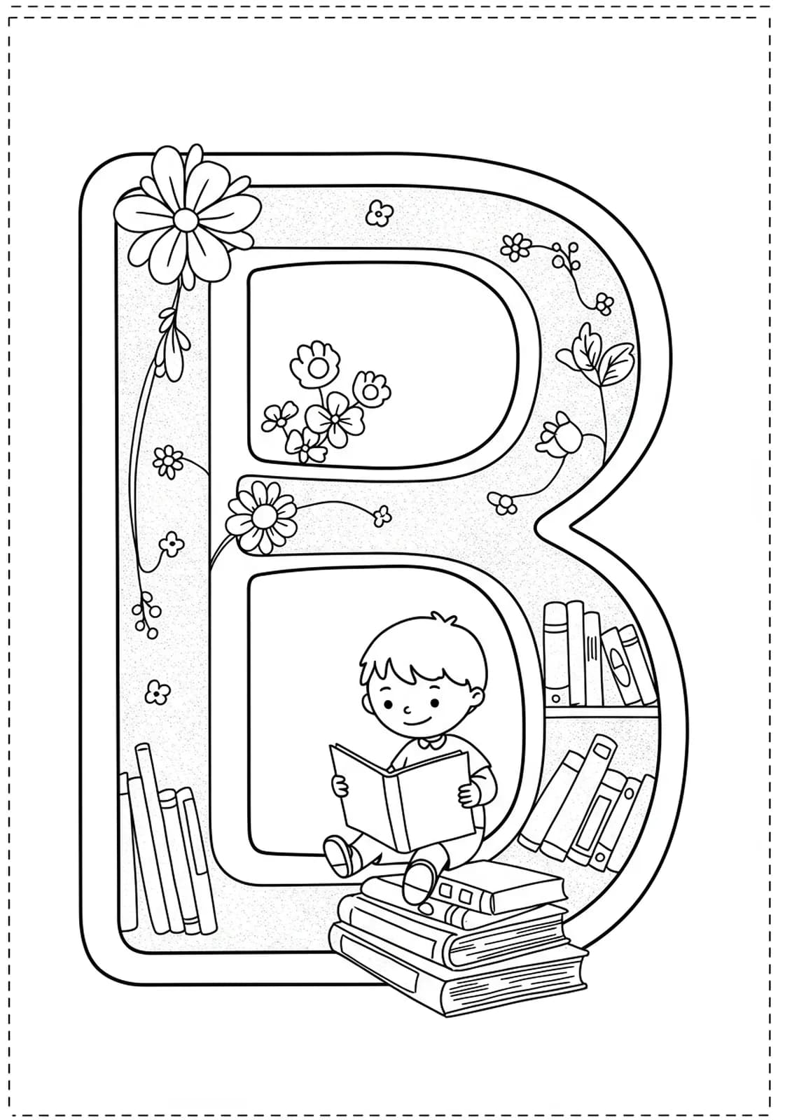 Letter B with a child reading books, stack of books, and reading nook scene, medium detail for preschool.