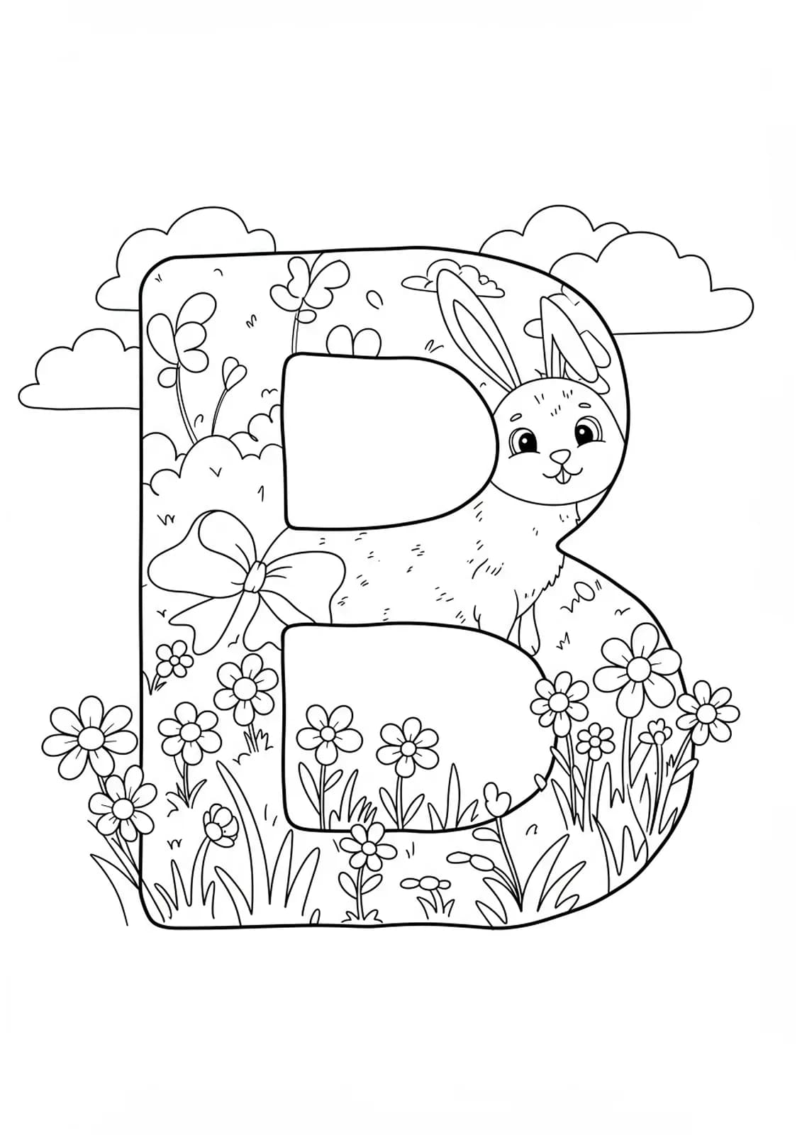 Letter B with a bunny and spring flowers, clouds, and grass, medium detail preschool coloring page.