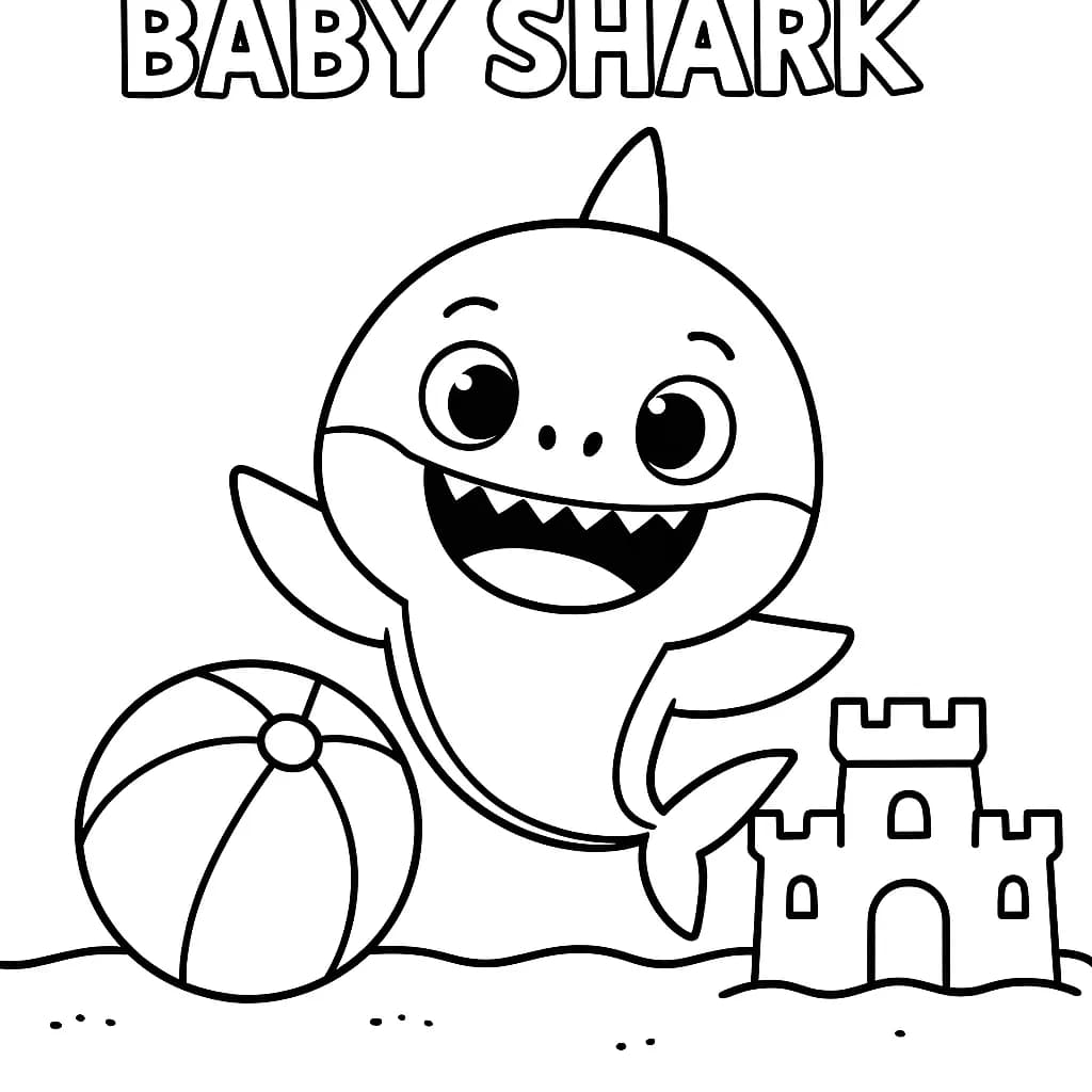 Baby Shark playing with a beach ball next to a sandcastle