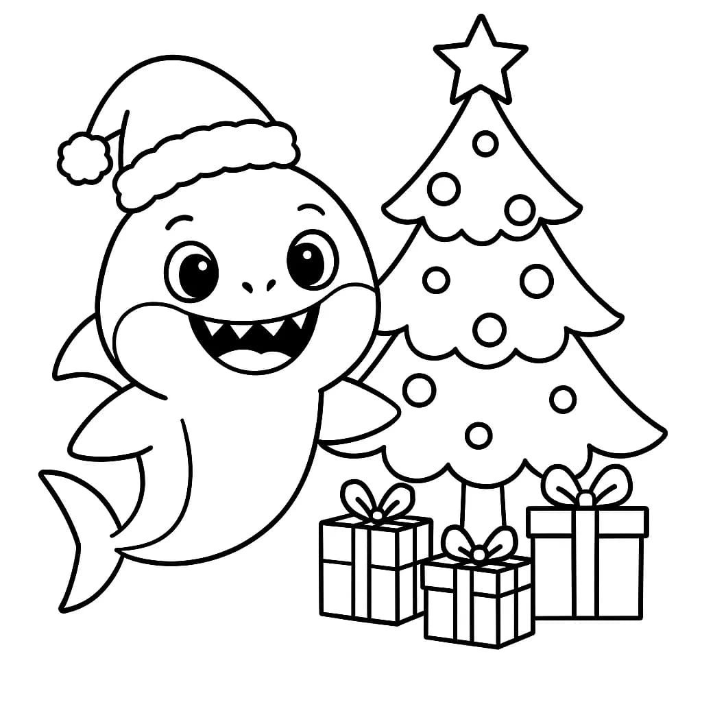 Baby Shark wearing a Santa hat beside a decorated Christmas tree and gift boxes