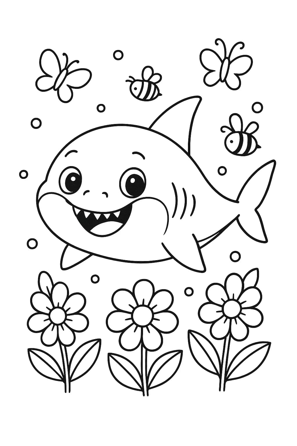 Baby Shark swimming with flowers, butterflies, and bees in a spring-themed scene