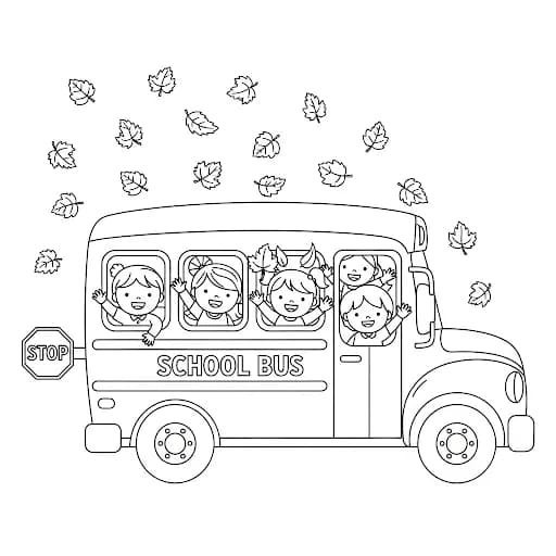School bus with happy children and falling autumn leaves