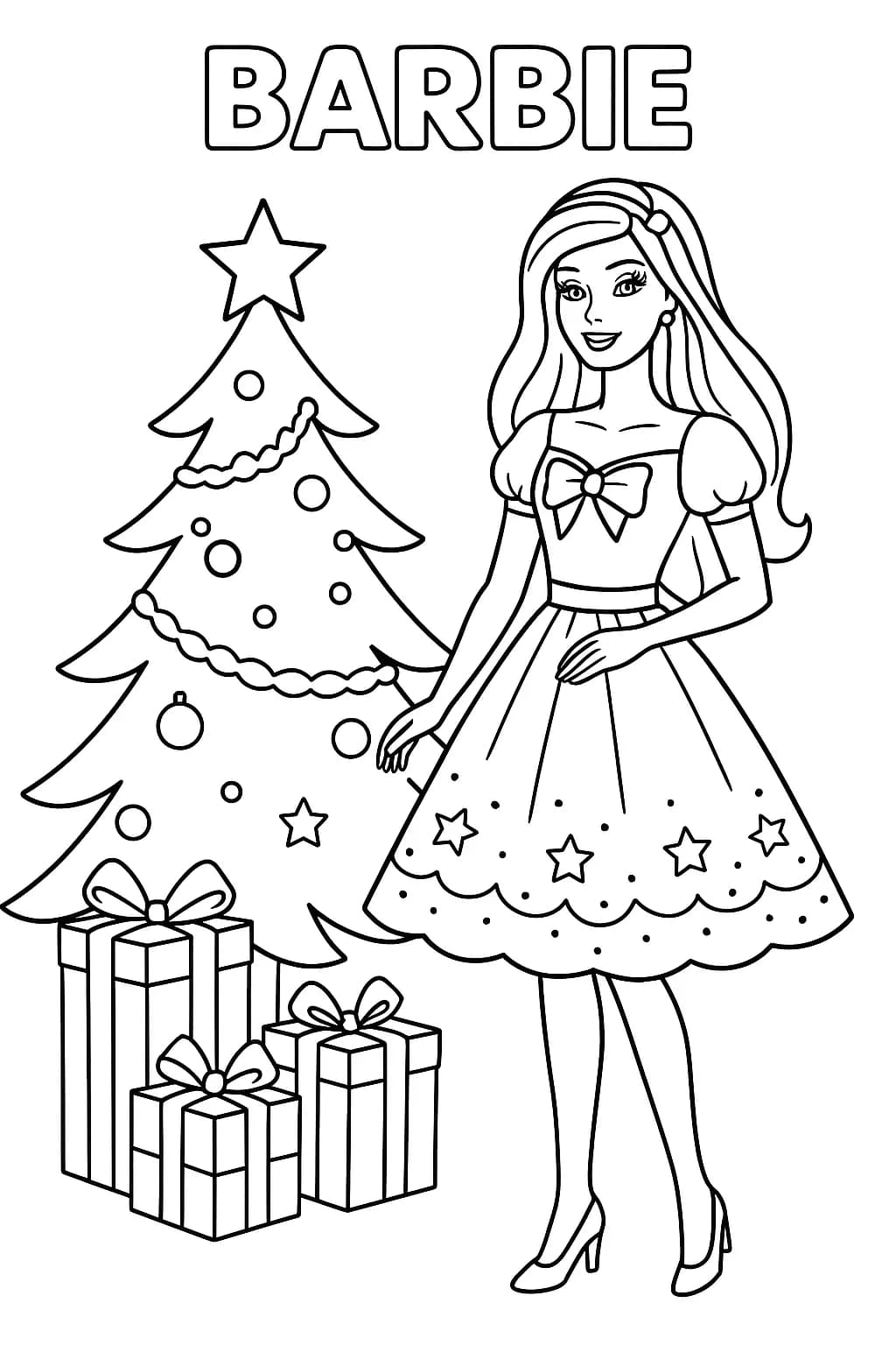 Barbie in a festive dress standing beside a Christmas tree with gifts, easy outlines for kids to color.