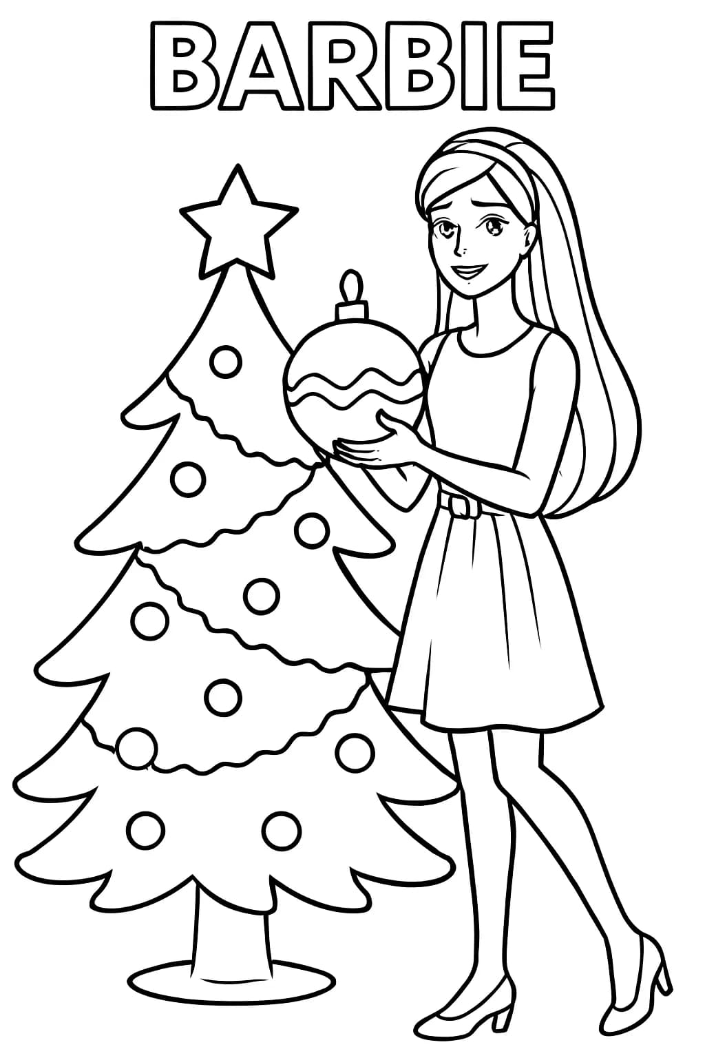 Barbie decorating a Christmas tree with ornaments and a star, easy outlines and large coloring spaces.