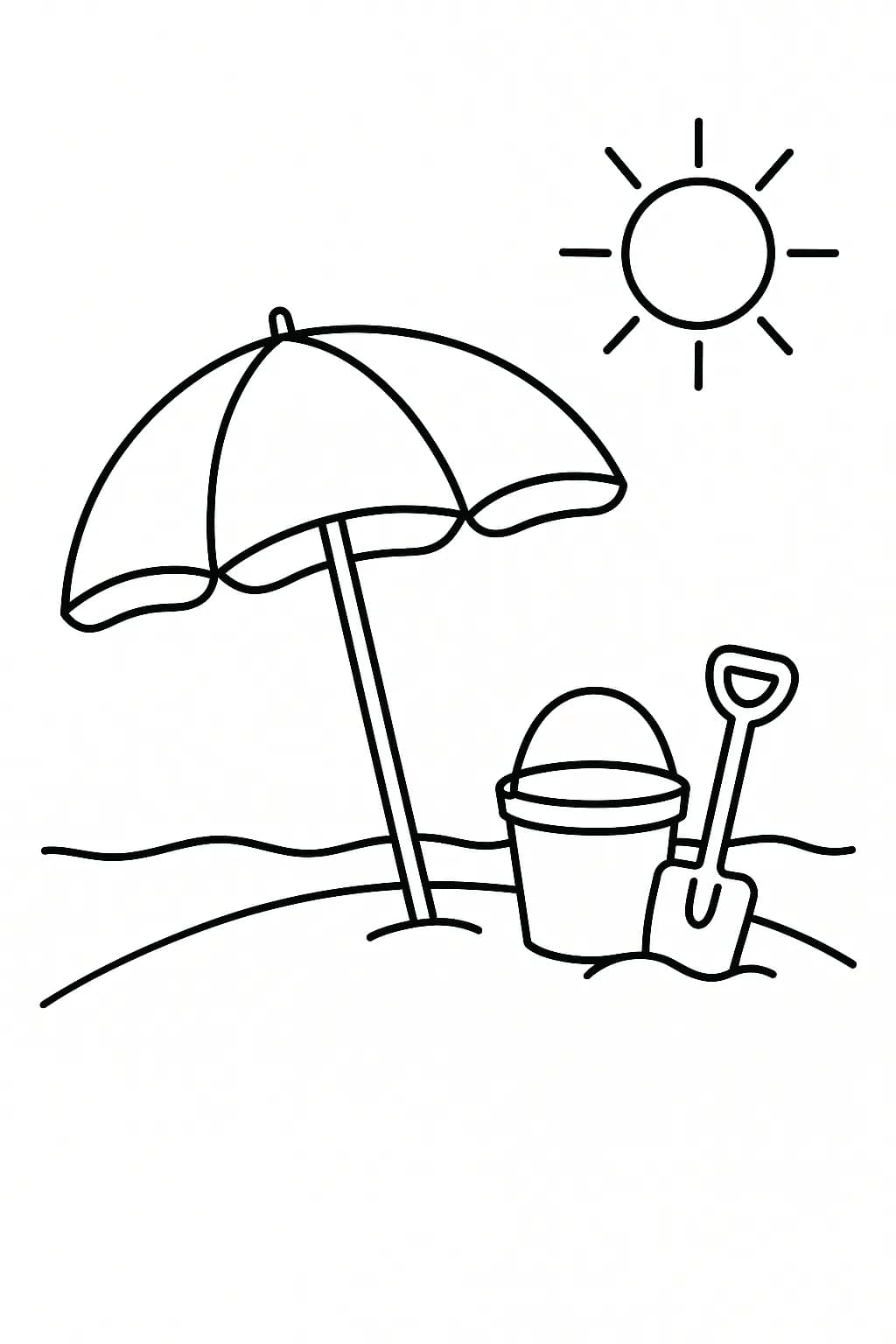 Easy coloring page of a beach scene with umbrella, sand bucket, and sun for kids
