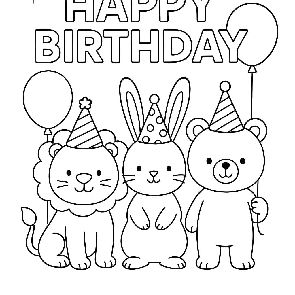 A lion, bunny, and bear wearing party hats, smiling and holding balloons, with 'Happy Birthday' text above them.