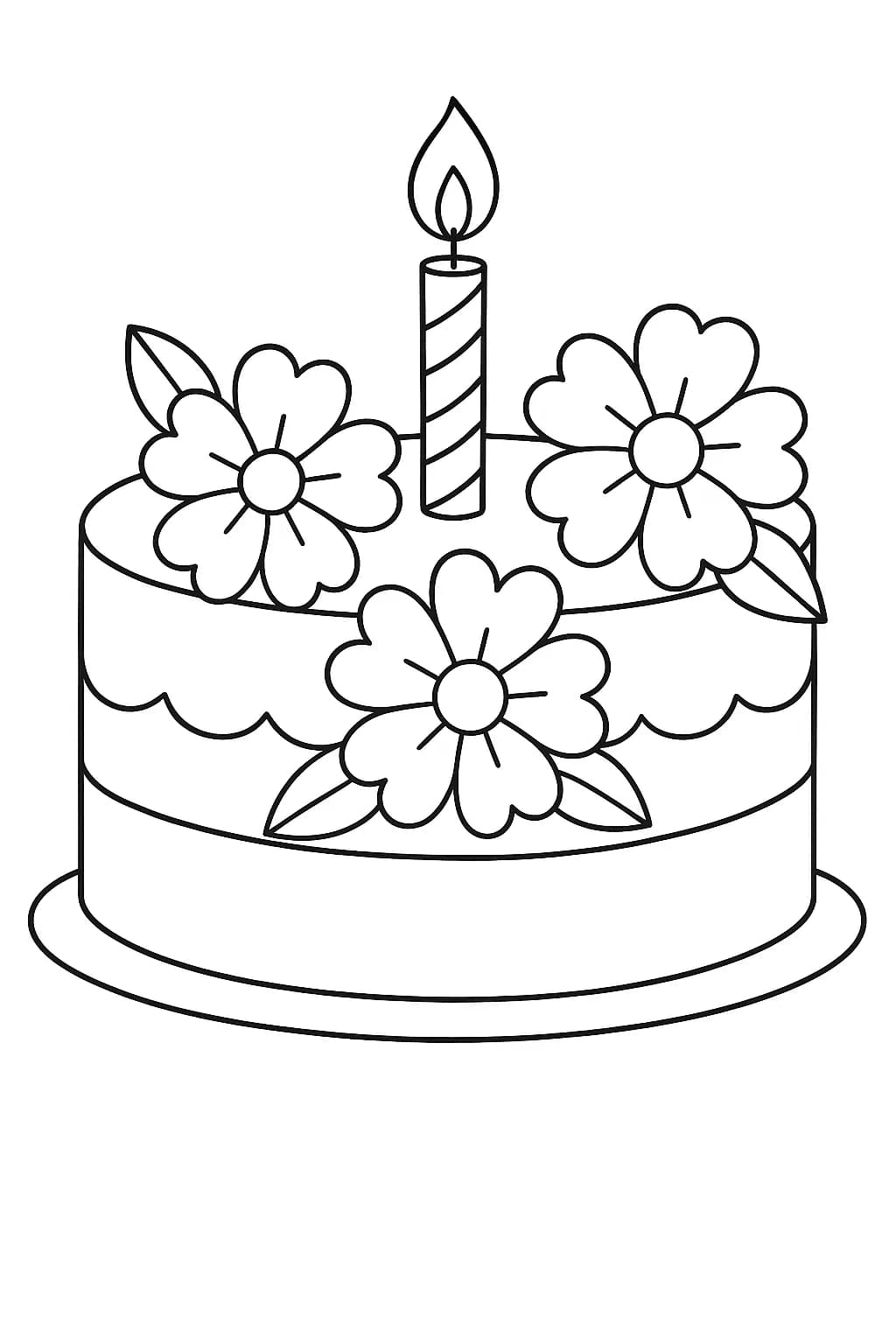 Easy outline of a birthday cake topped with large flowers for preschool coloring.
