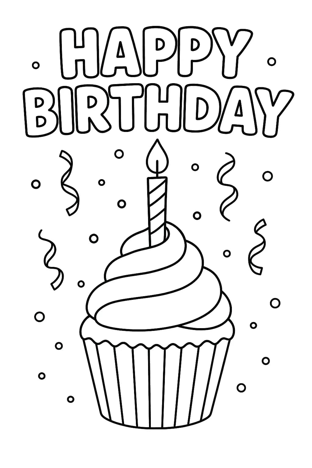 A large birthday cupcake with a candle, surrounded by confetti and the words 'Happy Birthday' in bubble letters.