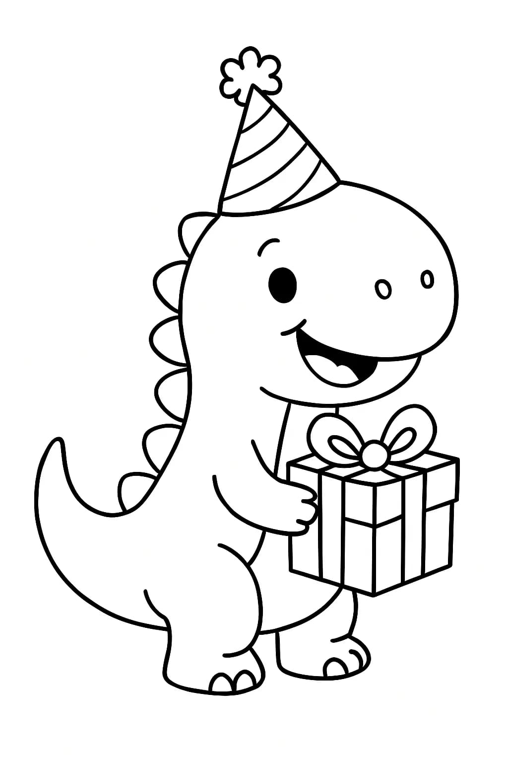 Simple coloring page with a smiling dinosaur in a party hat and birthday present, easy for preschoolers.