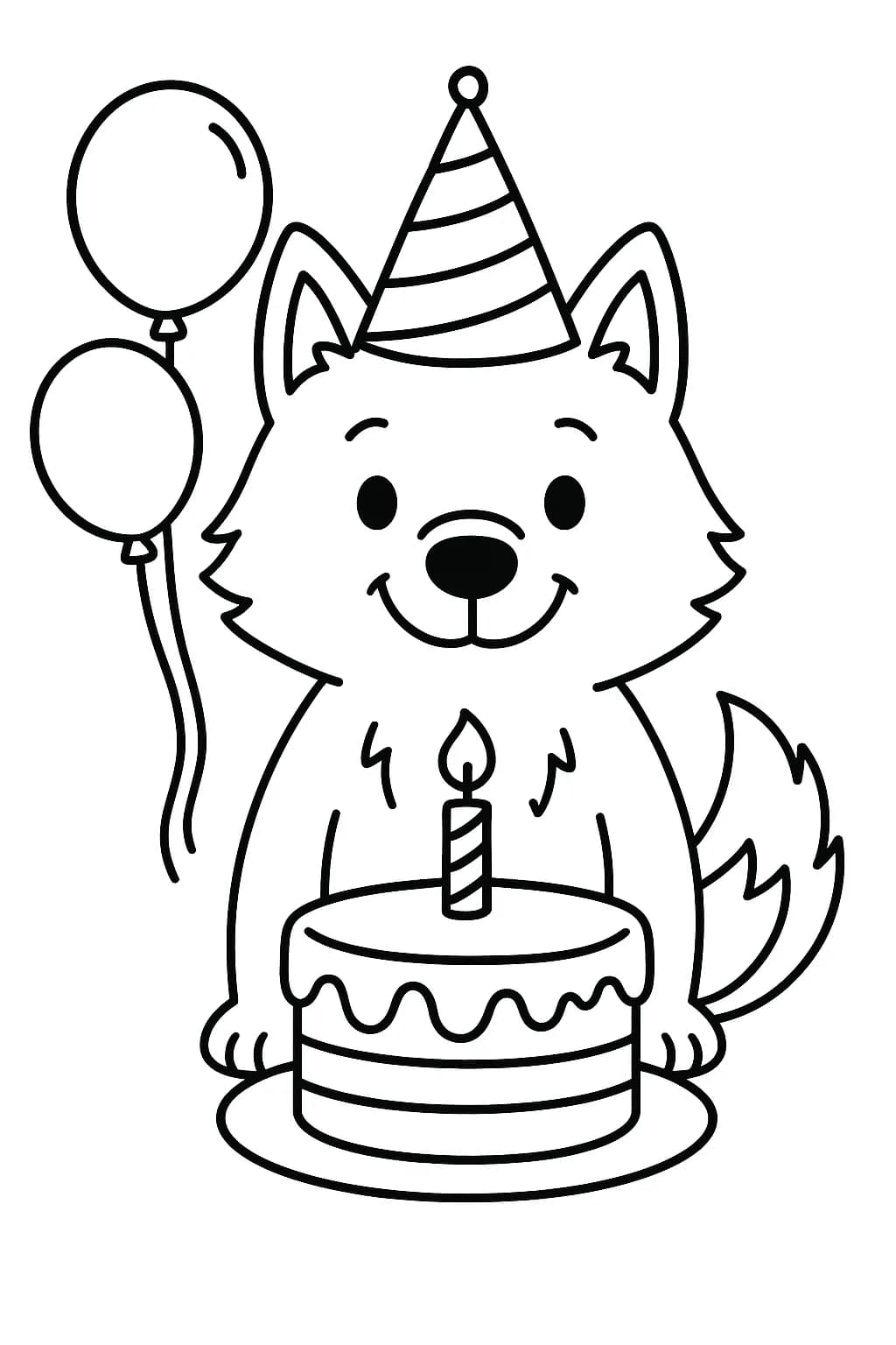 Simple coloring page with a smiling wolf wearing a party hat, balloons, and a cake, suitable for preschoolers.
