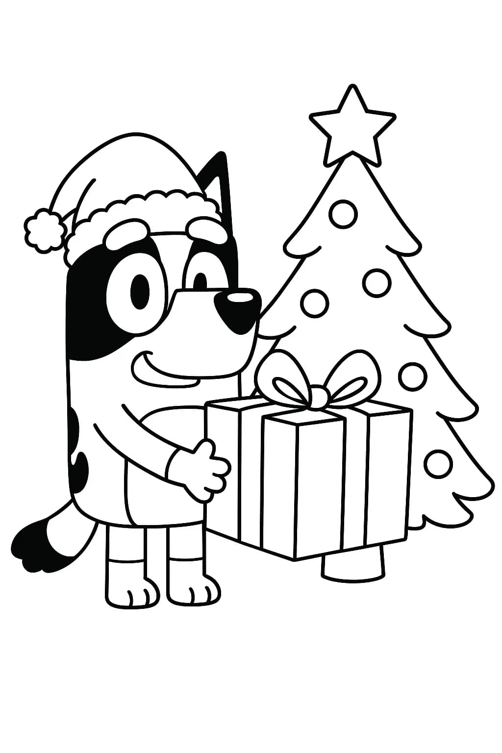 Bluey wearing a Santa hat and holding a present with a Christmas tree in the background, easy outlines for coloring.