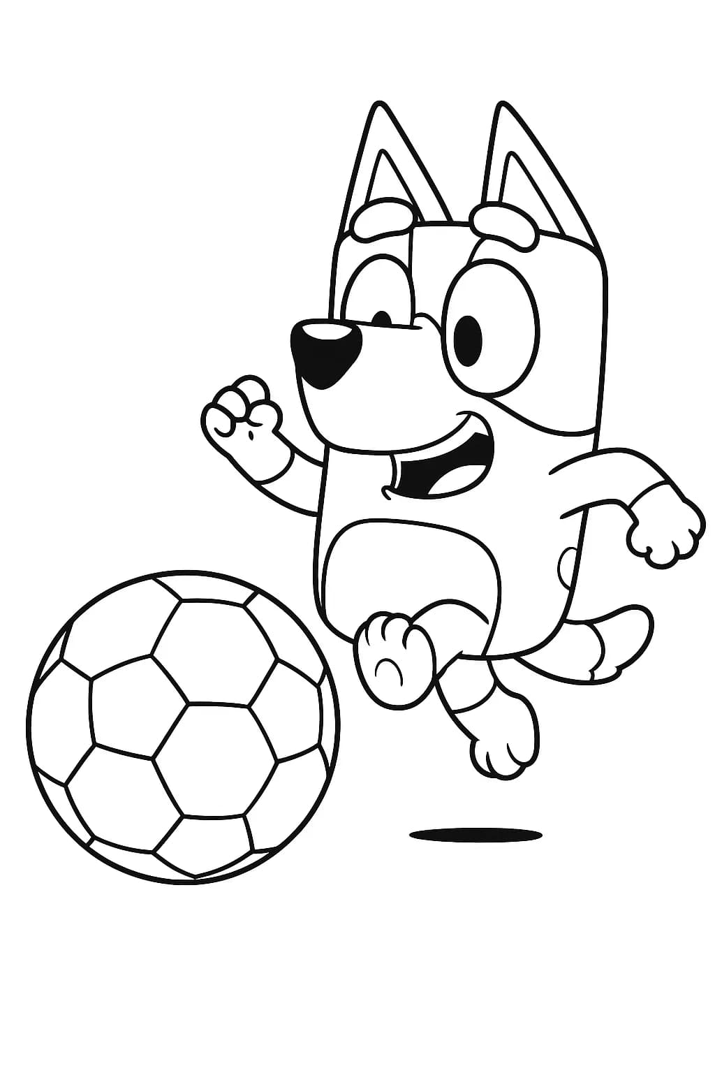 Bluey kicking a soccer ball on a field, simple and easy outlines.