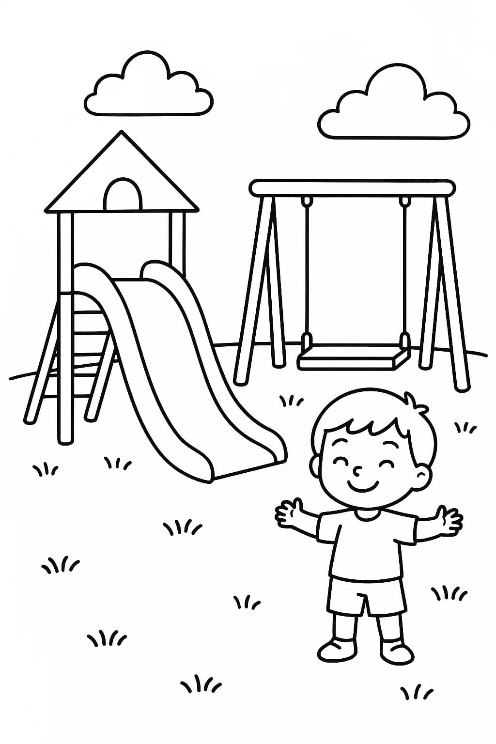 Coloring page of a playground with a slide, swing, and happy child for preschoolers.