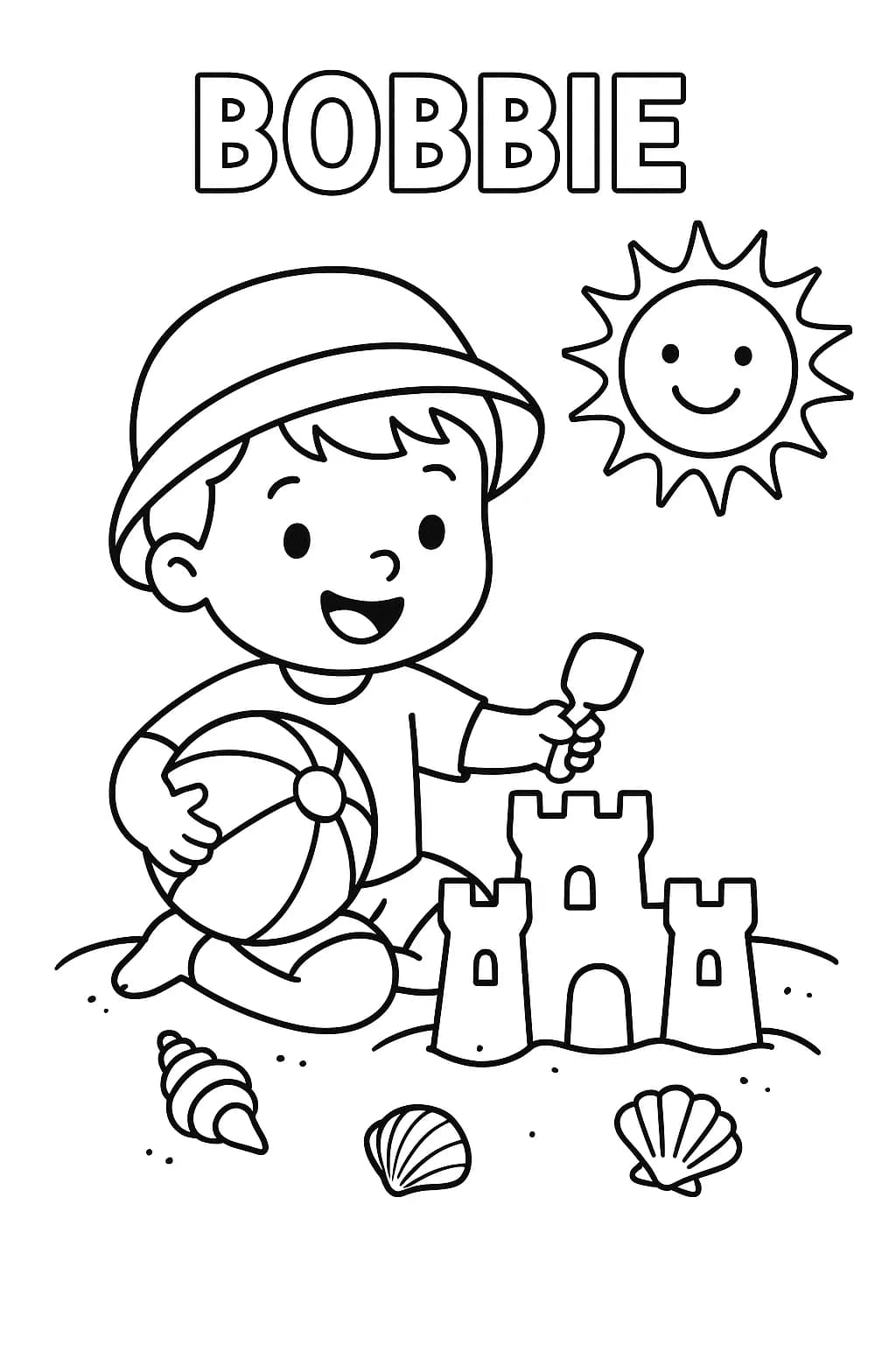 Bobbie at the beach building a sandcastle and playing with a beach ball, simple outlines for easy coloring
