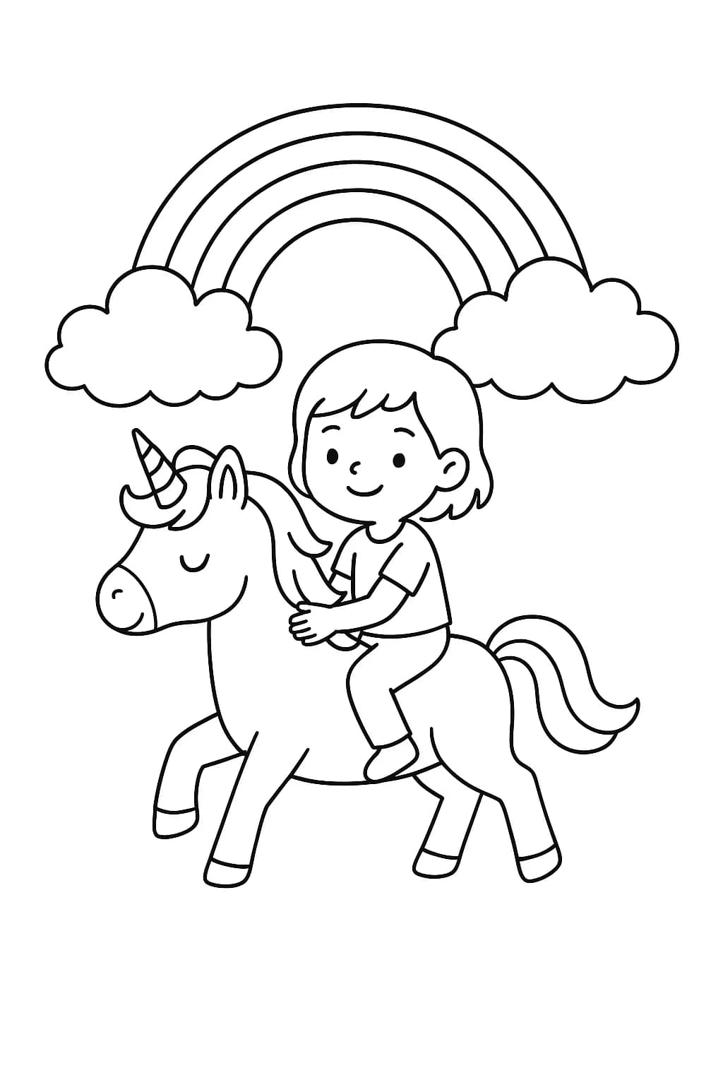 Bobbie riding a unicorn under a rainbow with clouds, simple and bold outlines for easy coloring