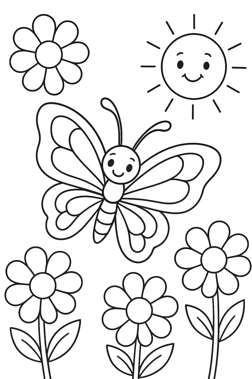 Simple coloring page of a butterfly with big wings flying among large flowers under a smiling sun, designed for preschoolers.