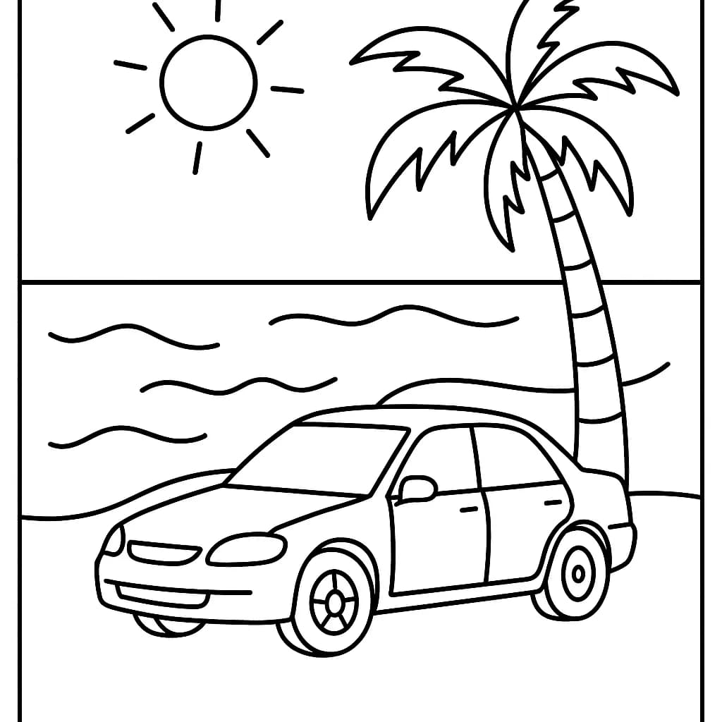 Easy car coloring page featuring a car parked on the beach with sun and palm tree.