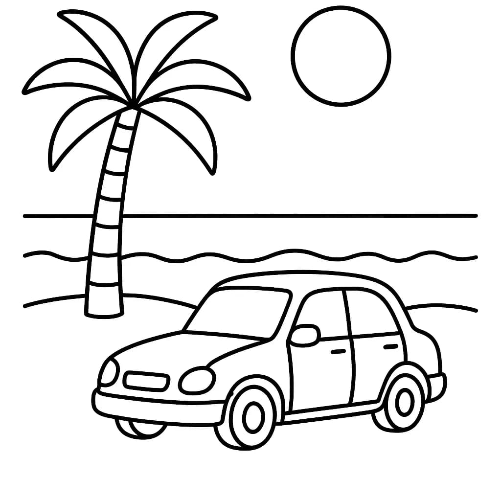 Cartoon car at the beach with a palm tree and sun, designed for easy preschool coloring.