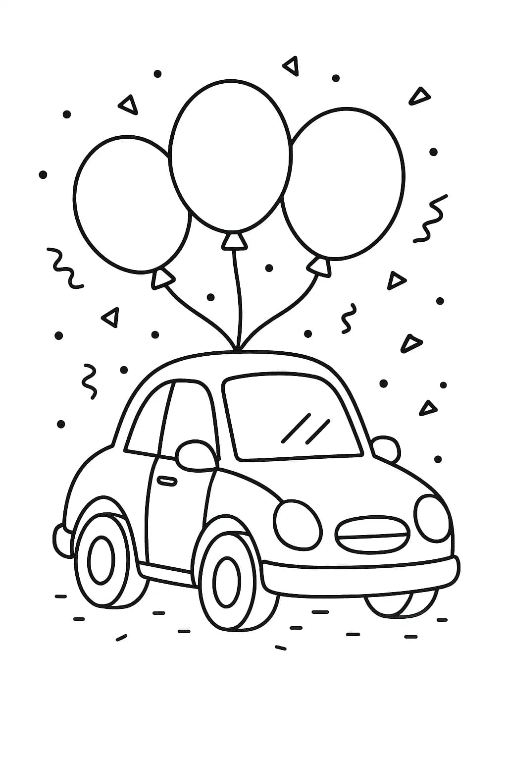 Easy car coloring page featuring a car with balloons for a birthday celebration.