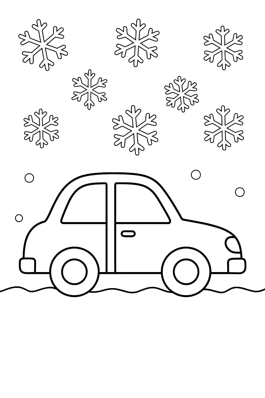 A cartoon car surrounded by large snowflakes and a simple snowy background.