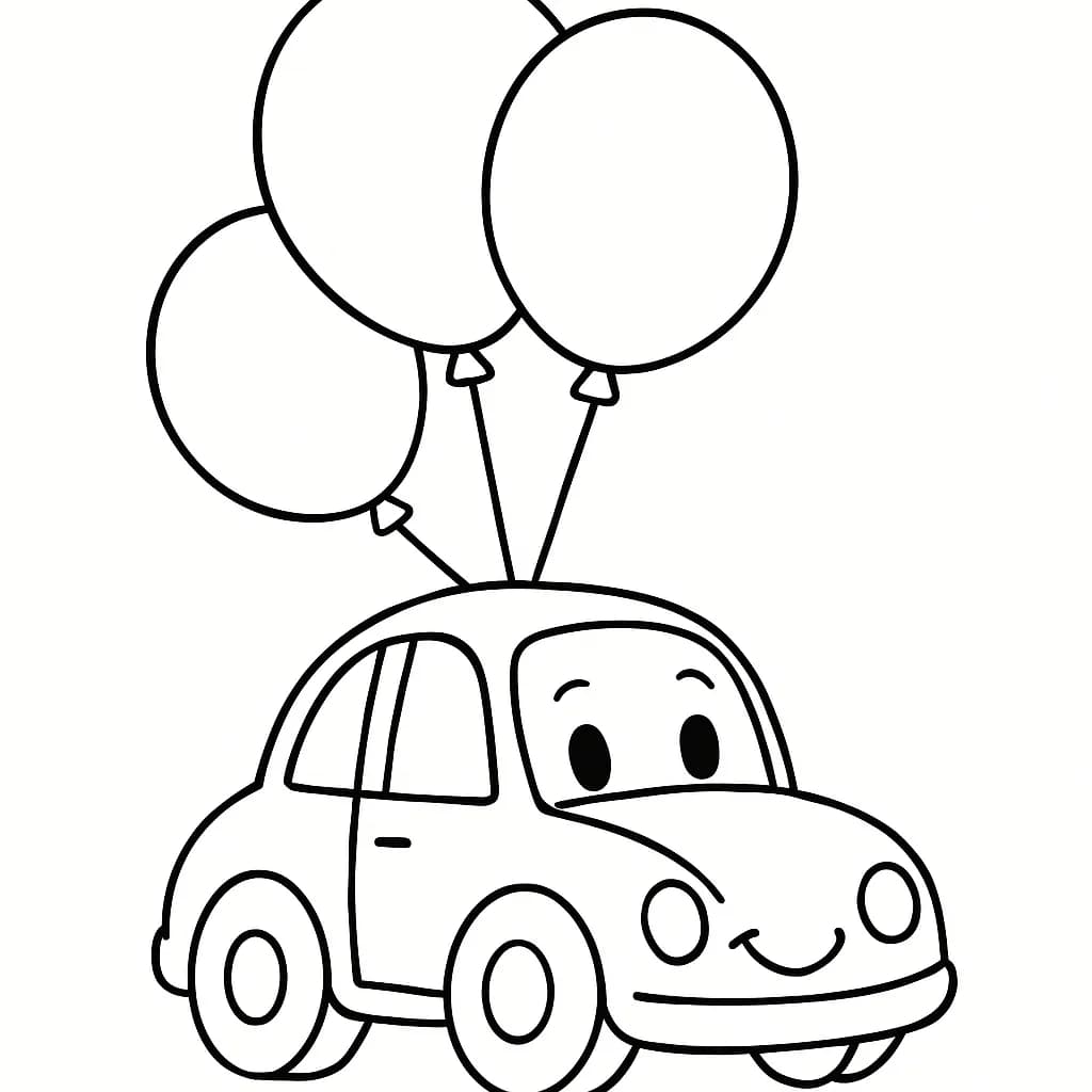 A simple car with large balloons attached, designed for preschool coloring fun.