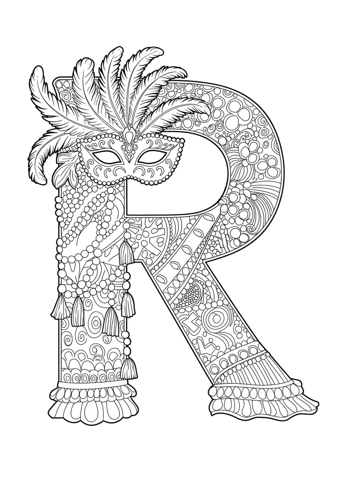 Letter R decorated with intricate masquerade masks, feathers, and beads for a hard coloring page.