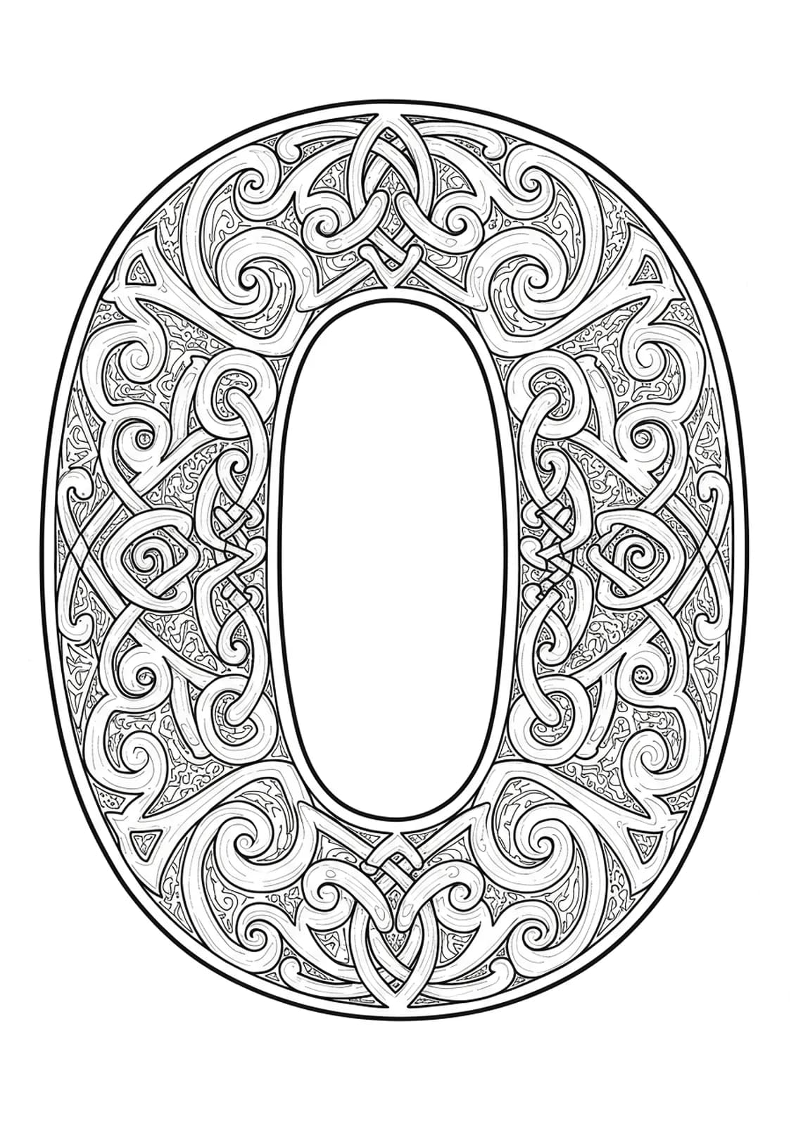 Letter O intricately woven with complex Celtic knotwork and spirals, adult hard coloring page