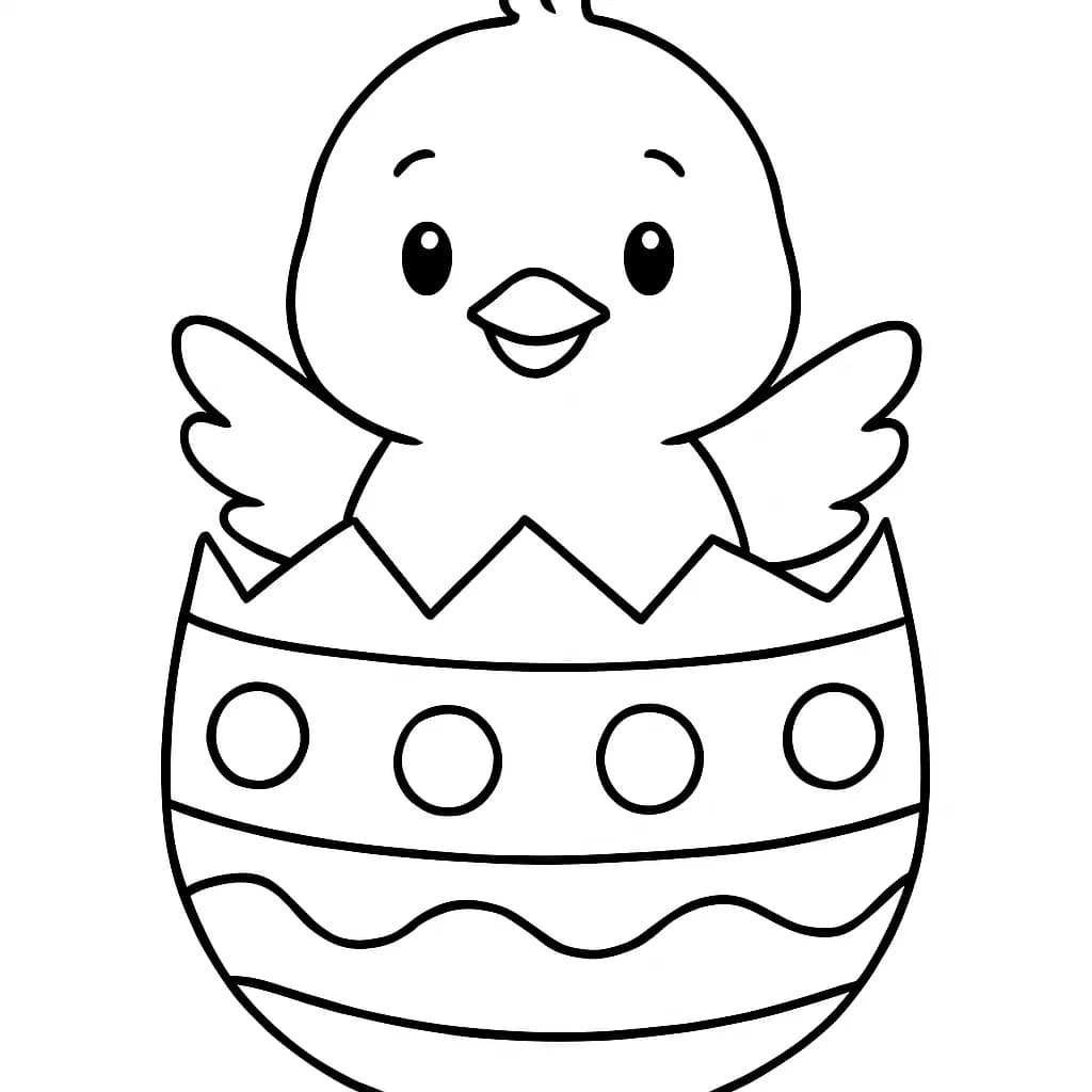 Coloring page of a simple chick hatching from a large cracked Easter egg.