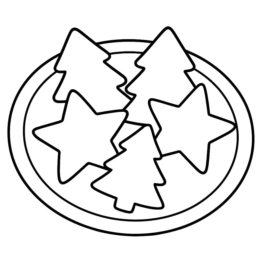 Coloring page with simple Christmas cookies shaped like stars and trees on a plate.