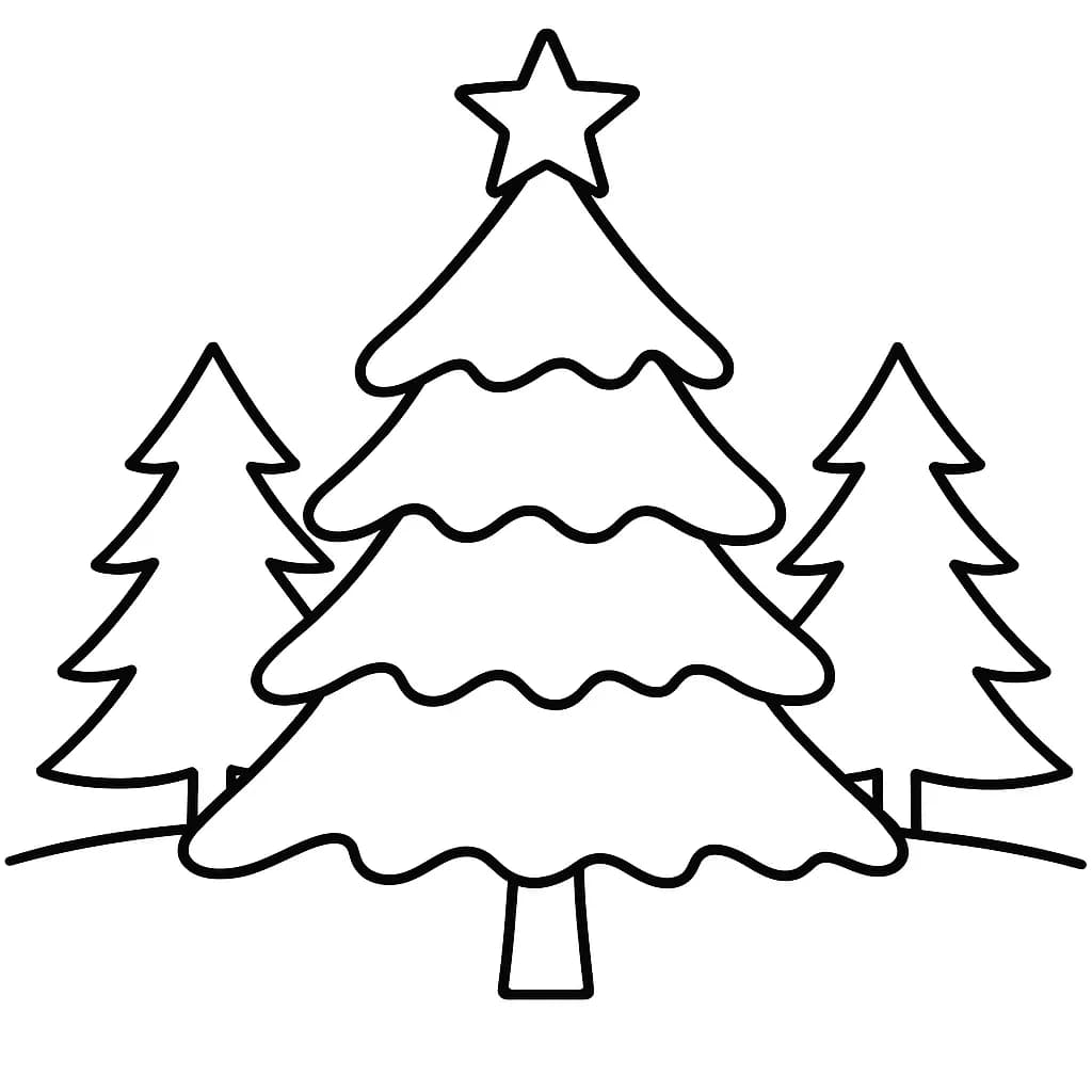 Simple Christmas tree with snow and pine trees in the background.