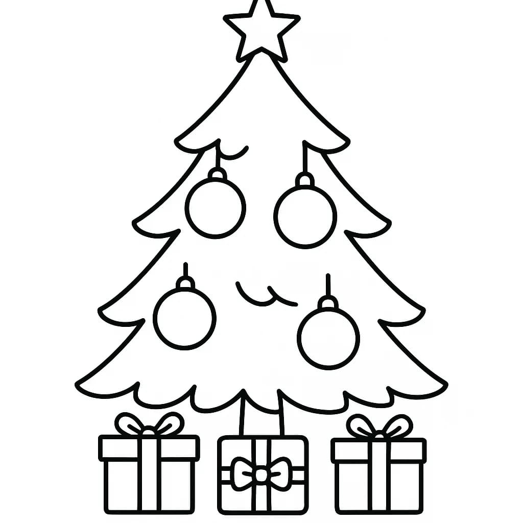 Easy Christmas tree with presents coloring page for preschool children.
