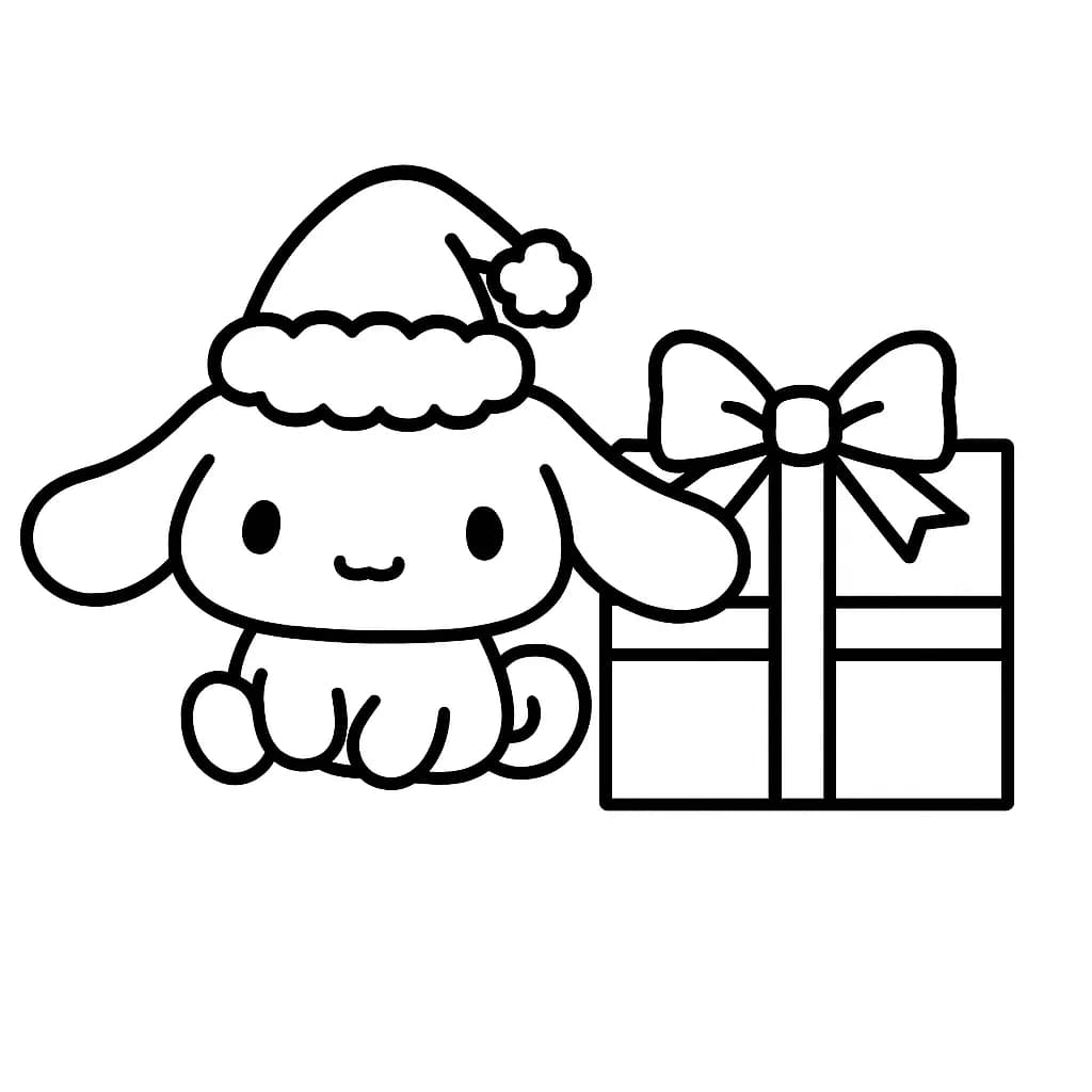 Cinnamoroll in a Santa hat beside a gift box, easy Christmas coloring page for kids.
