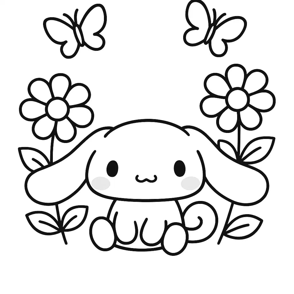 Cinnamoroll sitting among oversized flowers and butterflies in a simple spring garden scene.
