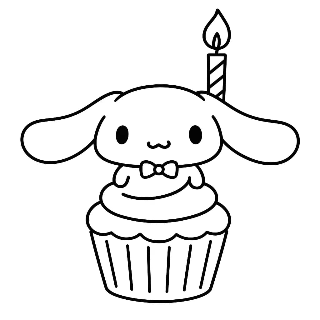 Cinnamoroll with a giant cupcake and candle, simple outlines for easy preschool coloring.