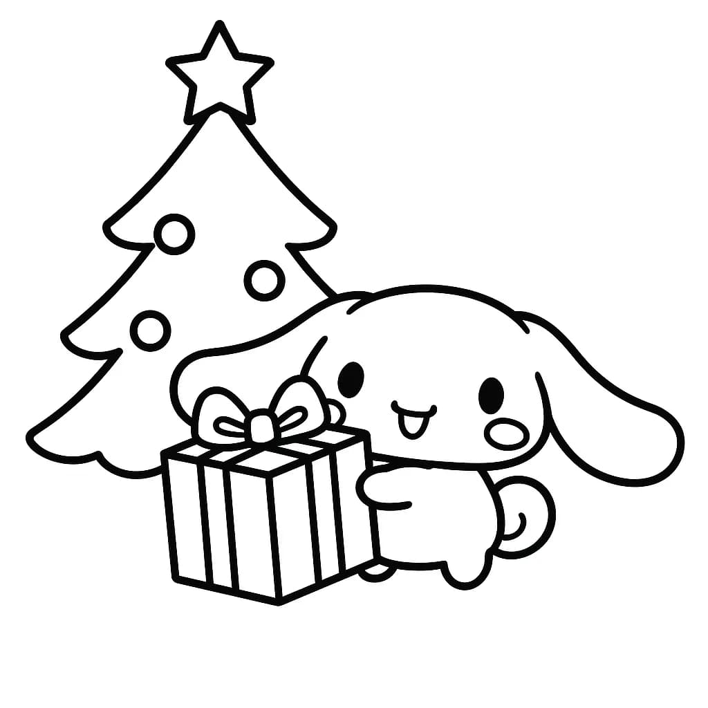 Simple line art of Cinnamoroll holding a present next to a Christmas tree with ornaments and a star.