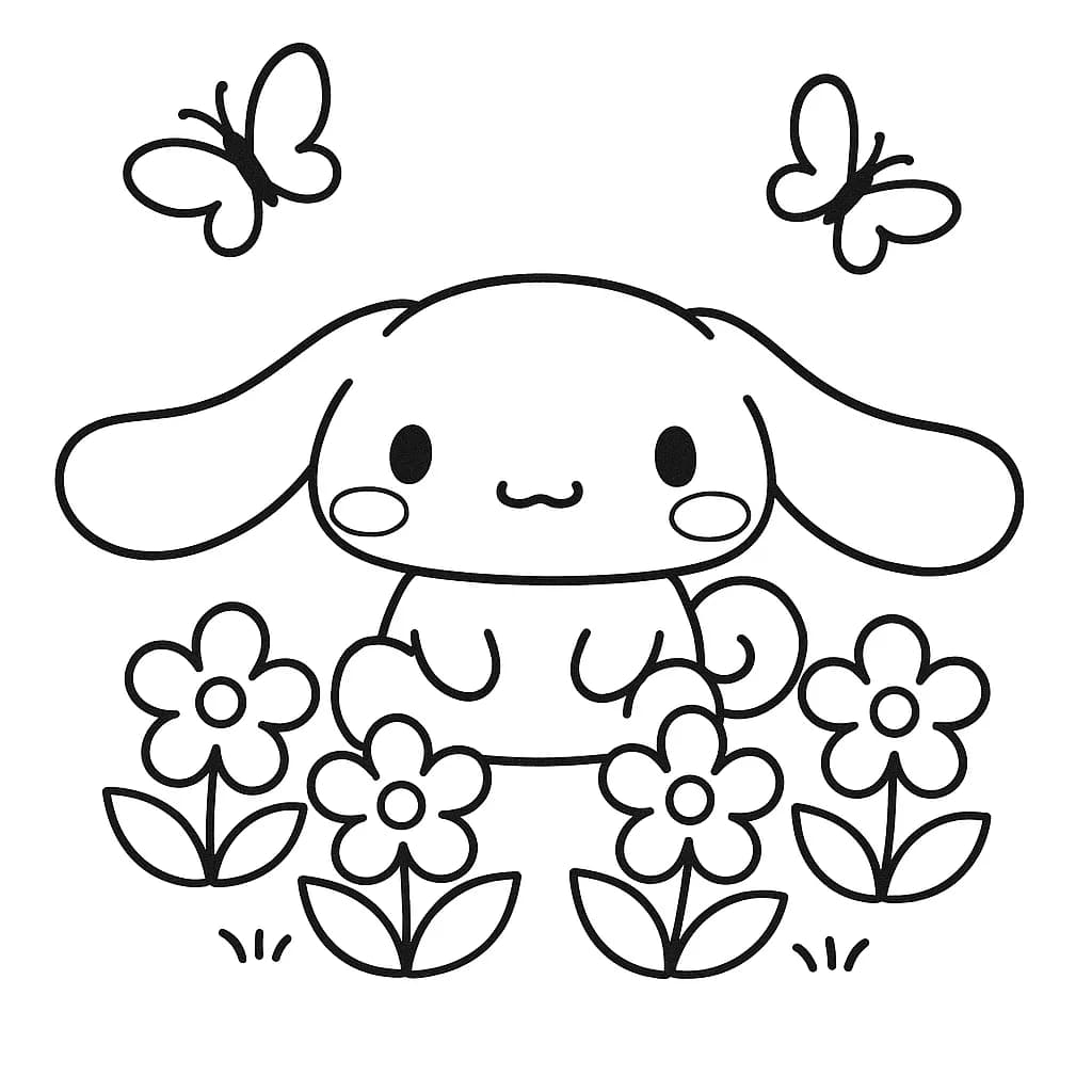 Cinnamoroll sitting in a garden with flowers and butterflies, easy spring coloring page.