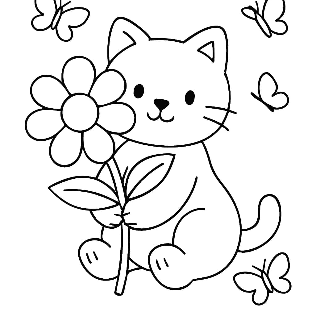 Large simple drawing of Coco Wyo holding a flower with butterflies flying around, for preschool coloring.