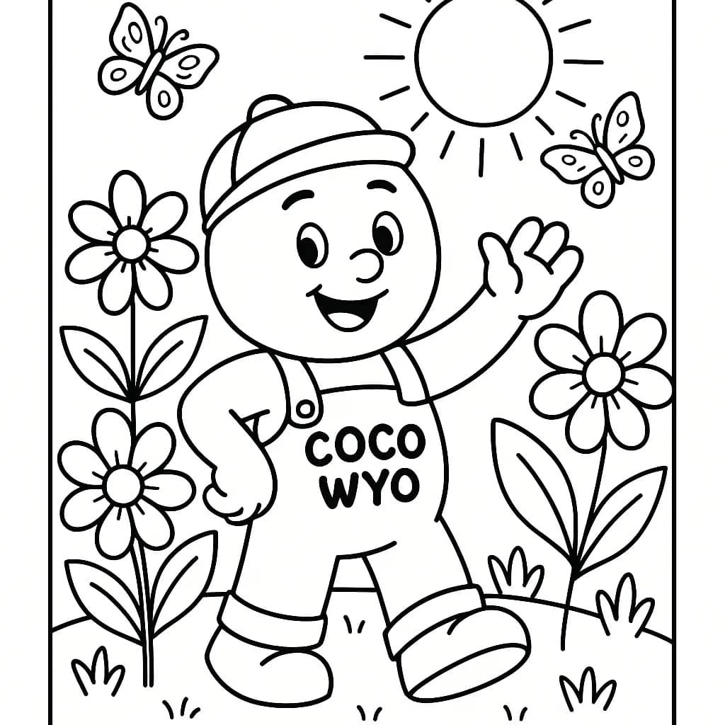 Simple spring garden scene with Coco Wyo, flowers, butterflies, and sun for coloring.