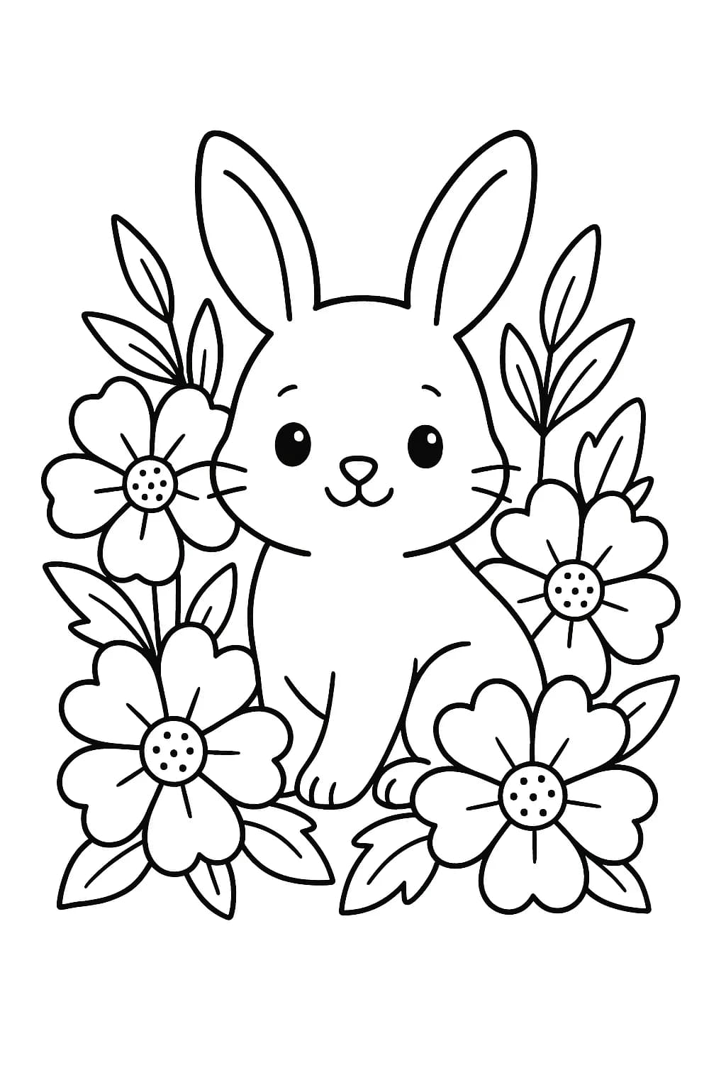 Simple line art of a bunny sitting among flowers, designed for preschool coloring fun.